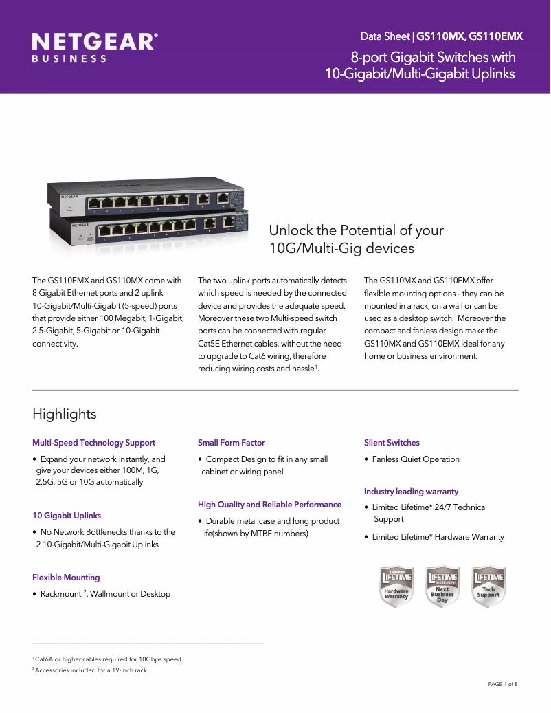 Page n°1 - Fiche technique Netgear GS110MX