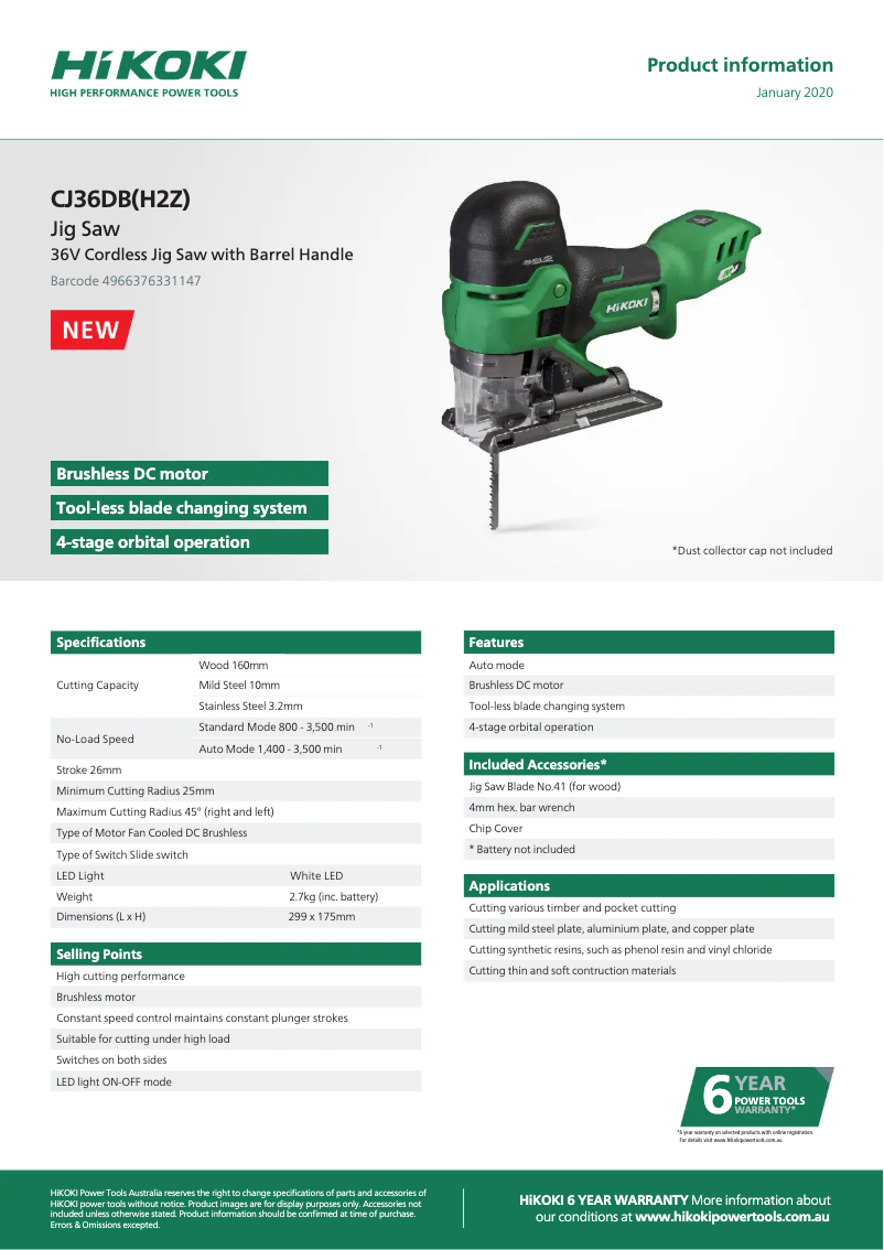 Page 1 de la notice Fiche technique HiKOKI CJ36DB