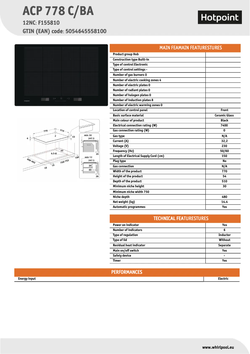 Page 1 de la notice Fiche technique Hotpoint ACP 778 C/BA