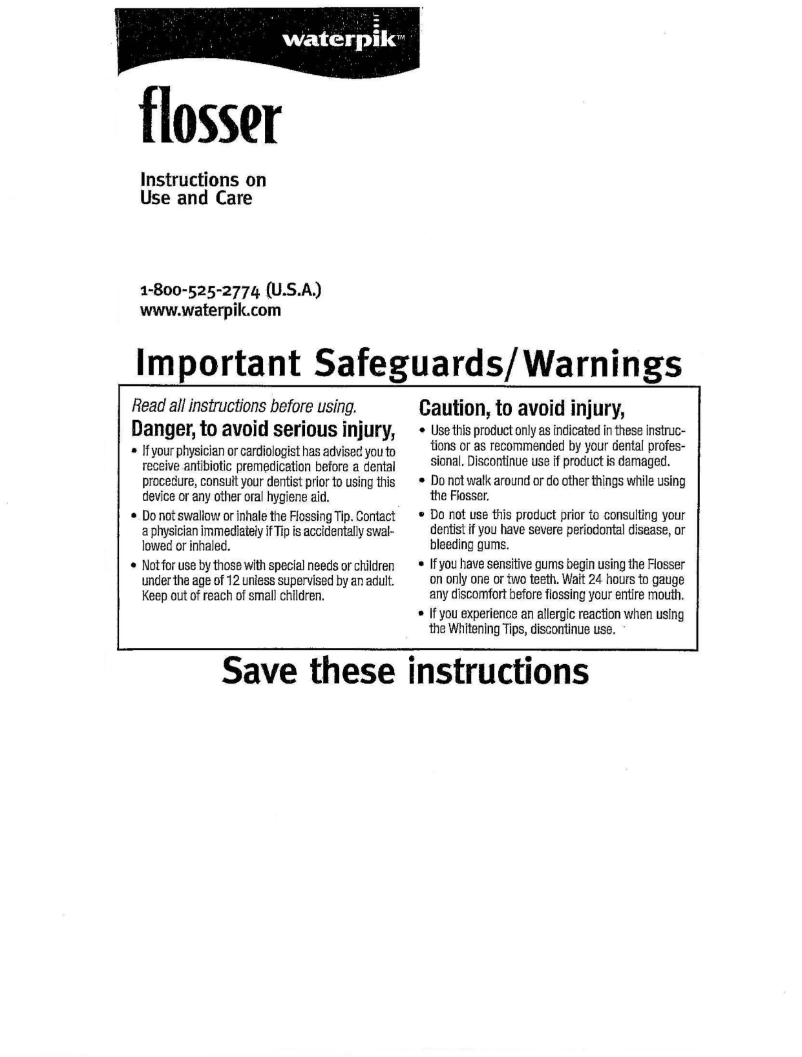 Page 1 de la notice Manuel utilisateur Waterpik FLW-110