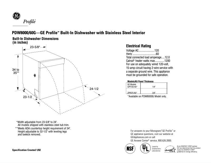 Page n°1 - Fiche technique GE Profile PDW8000GCC