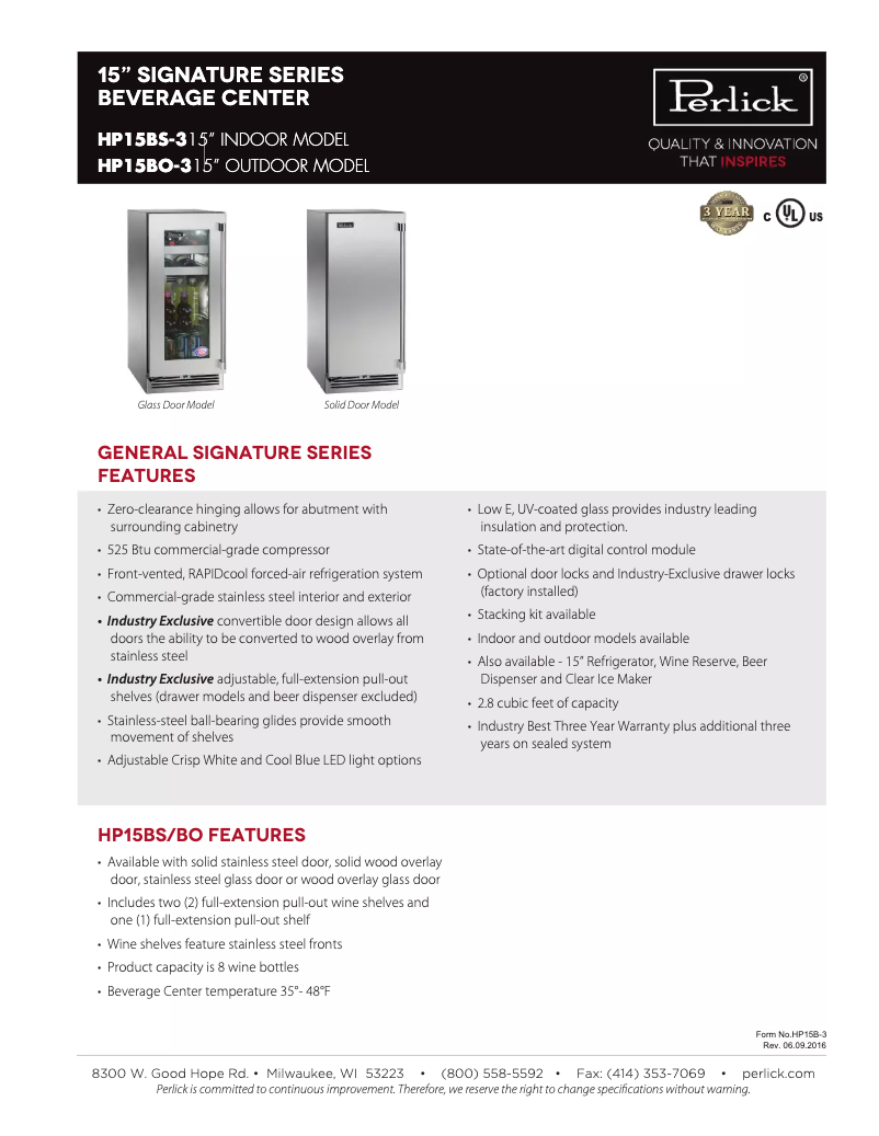 Page 1 de la notice Fiche technique Perlick Signature Series HP15BS-3-4L