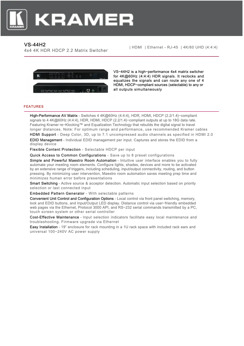 Page 1 de la notice Fiche technique Kramer VS-44H2