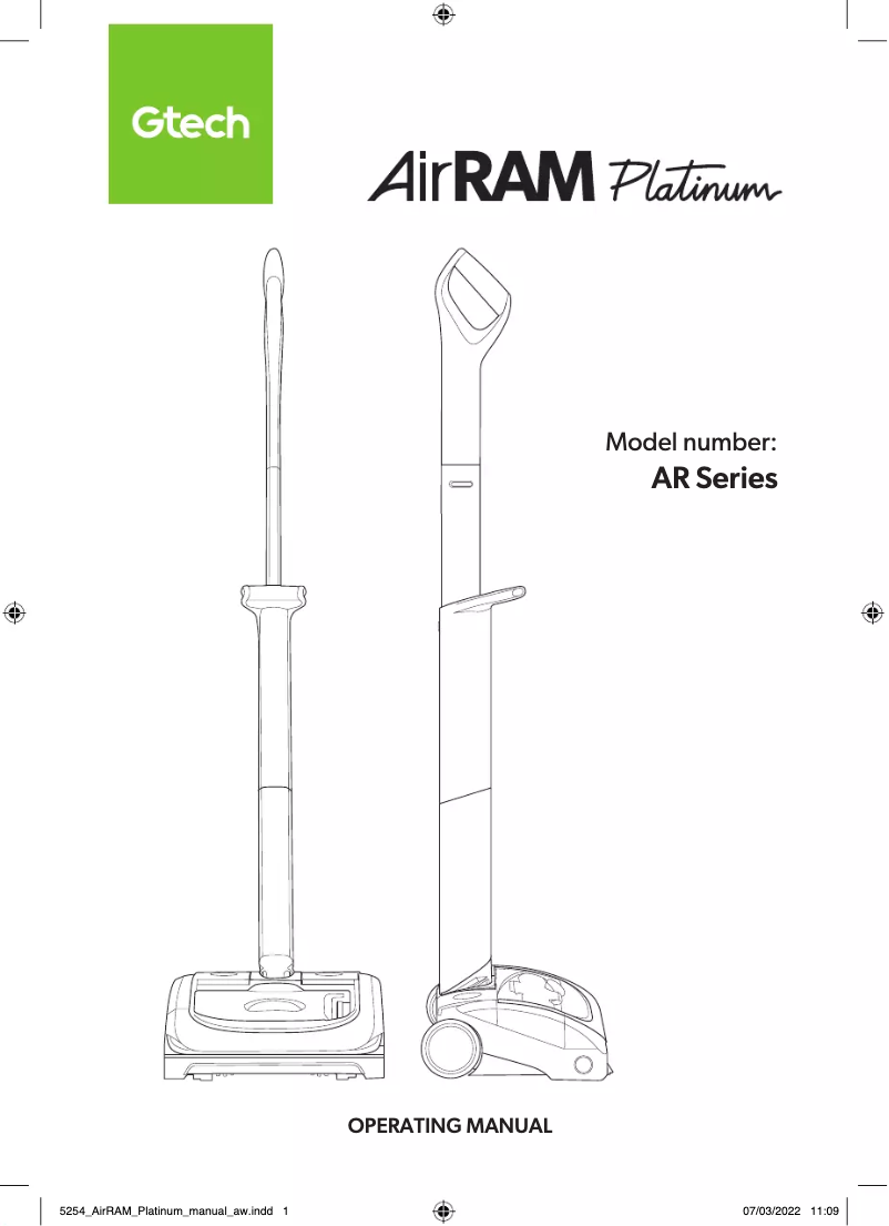 Page 1 de la notice Manuel utilisateur Gtech AirRam Platinum AR46