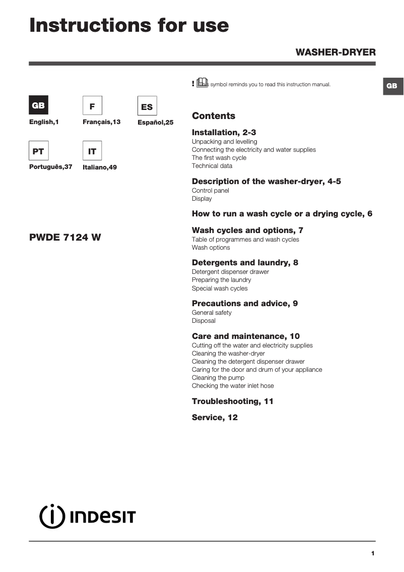 Página 1 del manual Manual de usuario Indesit PWDE 7124 S