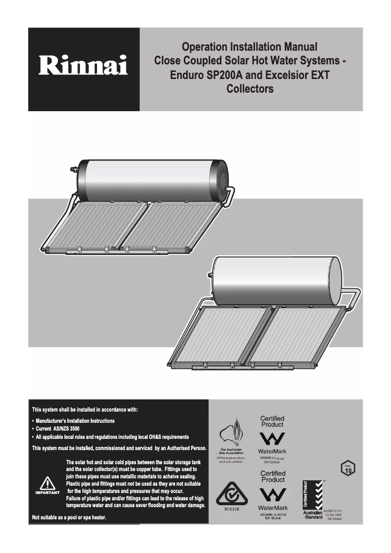 Page 1 de la notice Manuel utilisateur Rinnai Prestige Evacuated Tube