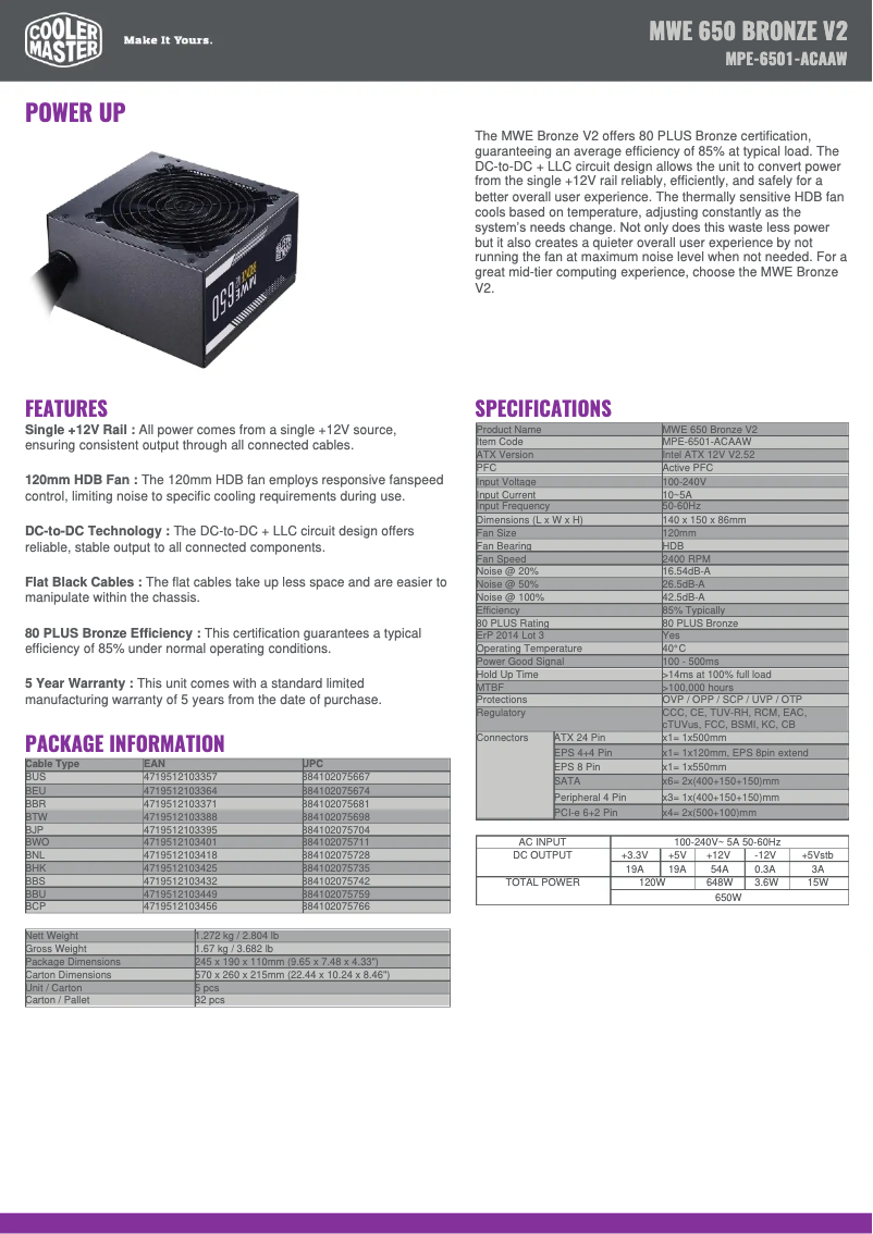 Page 1 de la notice Manuel utilisateur Cooler Master MWE 650 Bronze