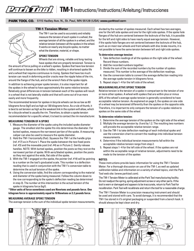 Page 1 de la notice Manuel utilisateur Park Tool TM-1