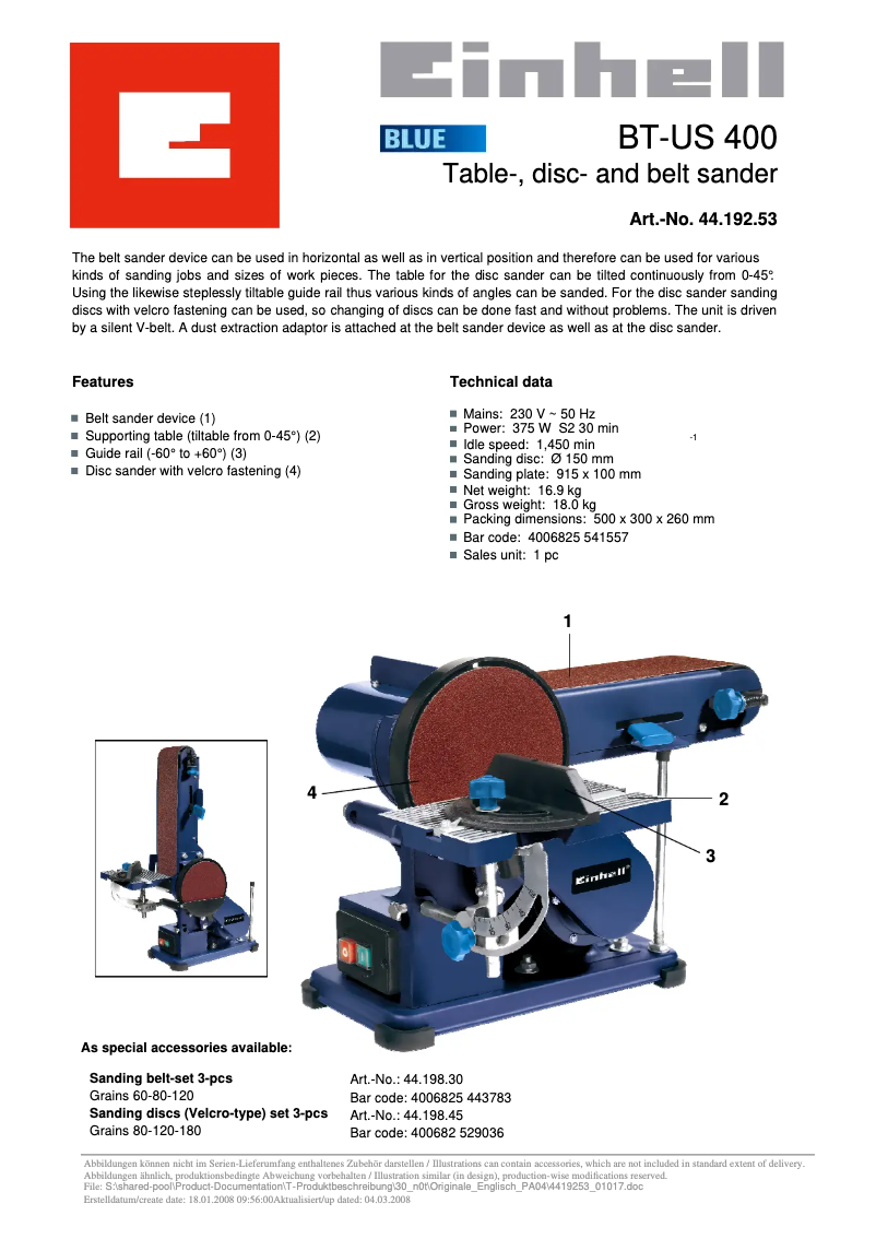 Page n°1 - Manuel utilisateur Einhell BT-US 400
