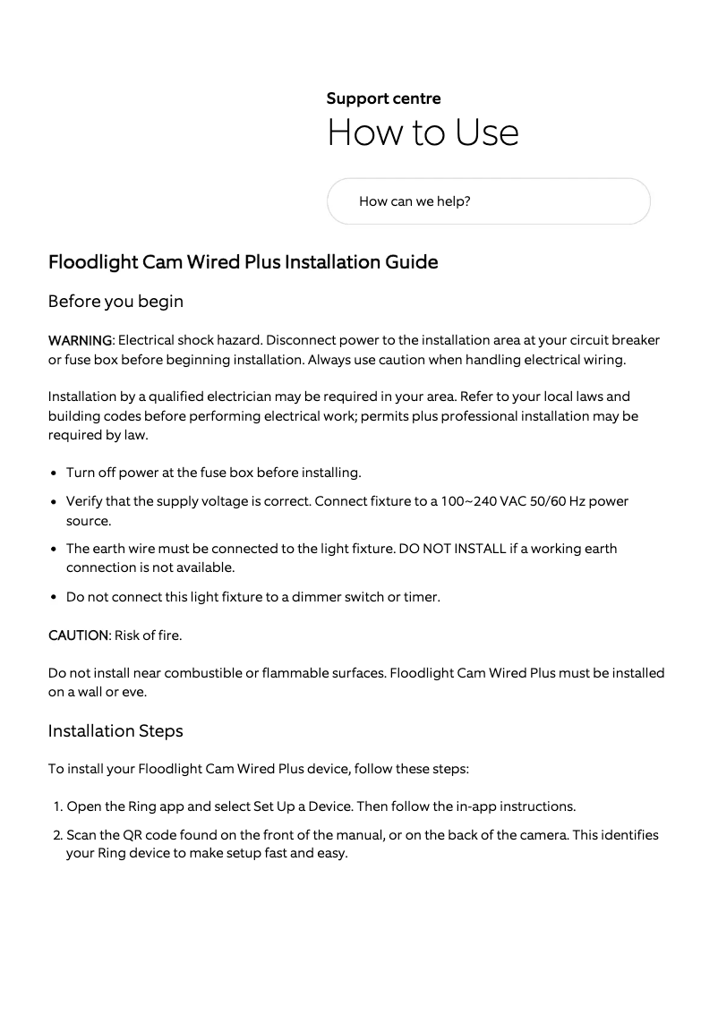 Page 1 de la notice Manuel utilisateur Ring Floodlight Cam Wired Plus