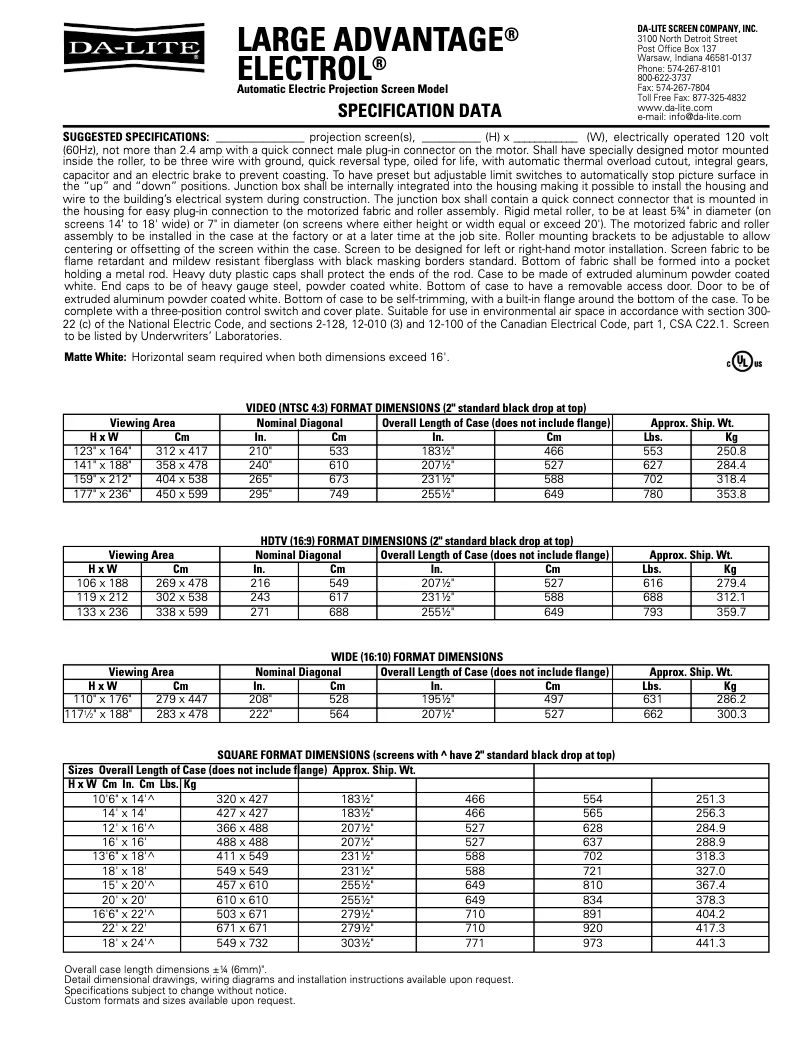 Page 1 de la notice Manuel utilisateur Da-Lite Large Advantage Electrol