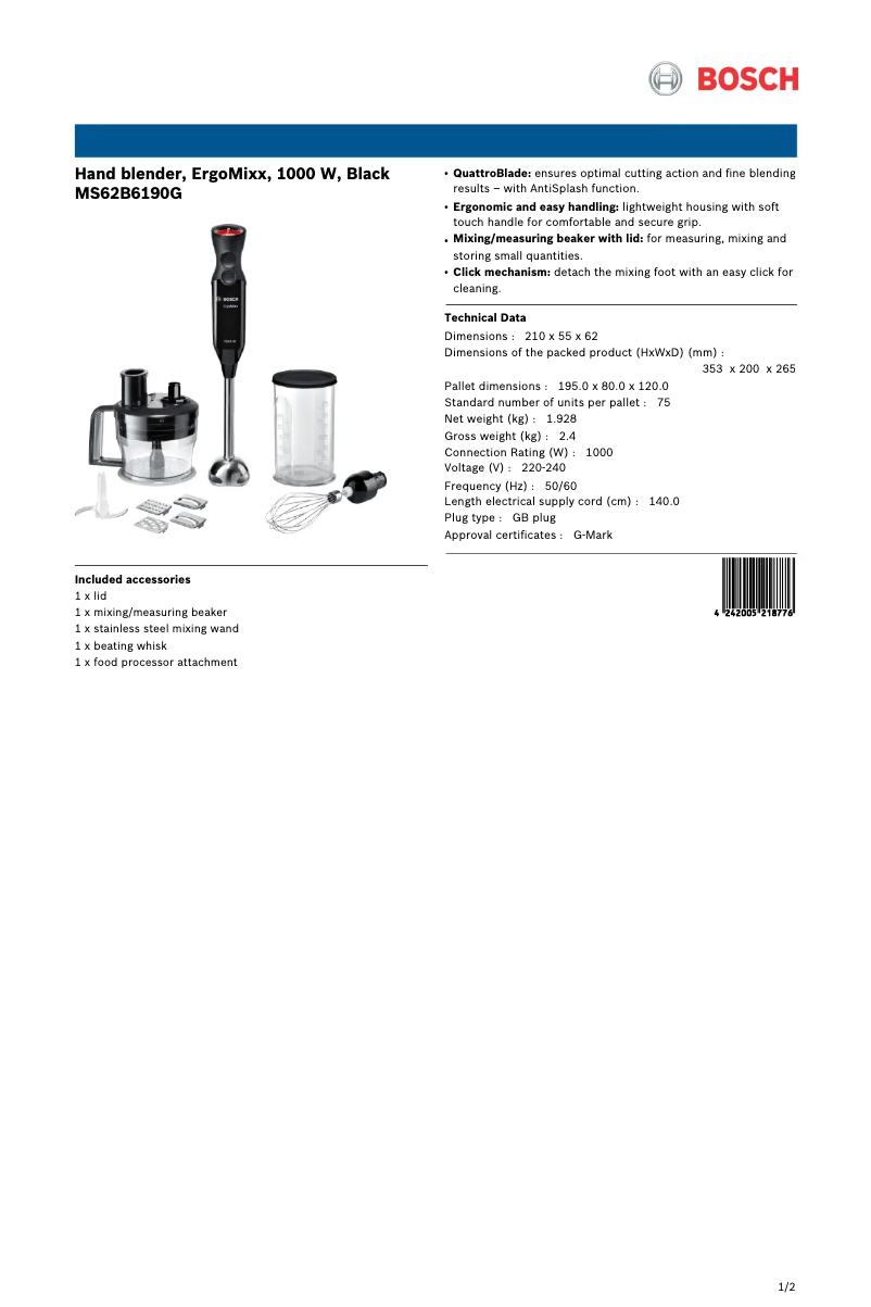 Page 1 de la notice Fiche technique Bosch MS62B6190G