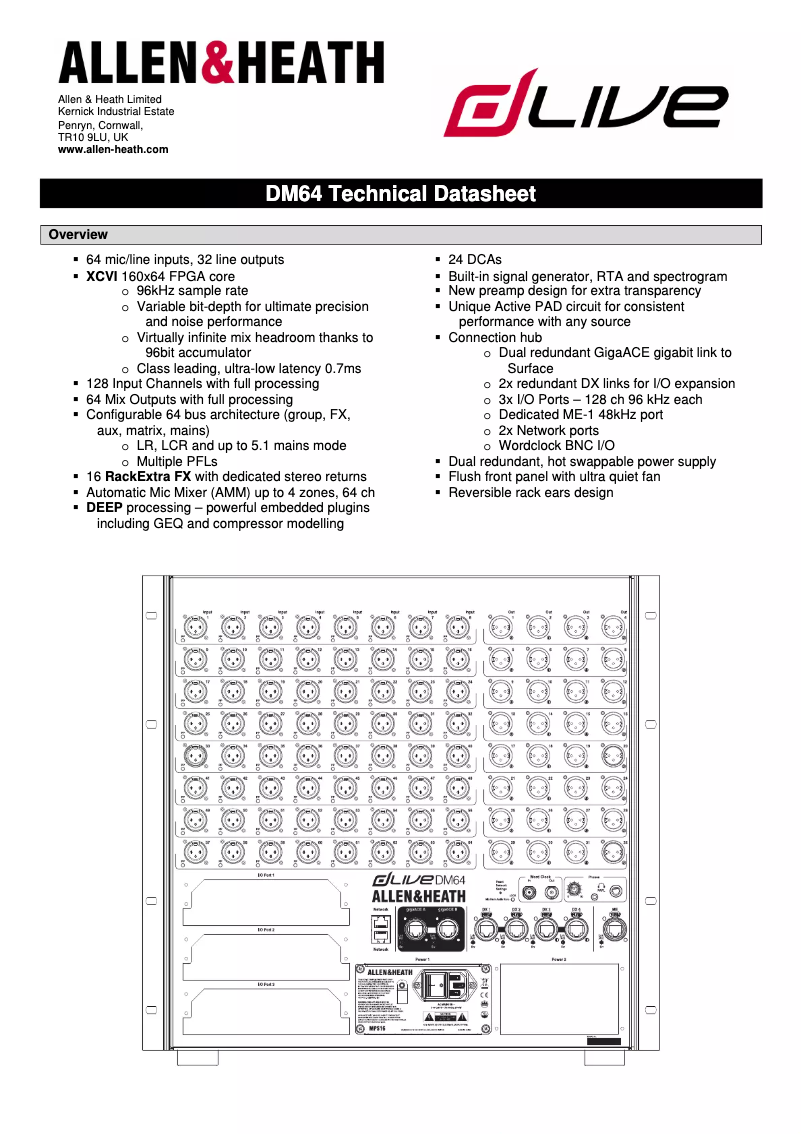 Page 1 de la notice Fiche technique Allen & Heath dLive DM64