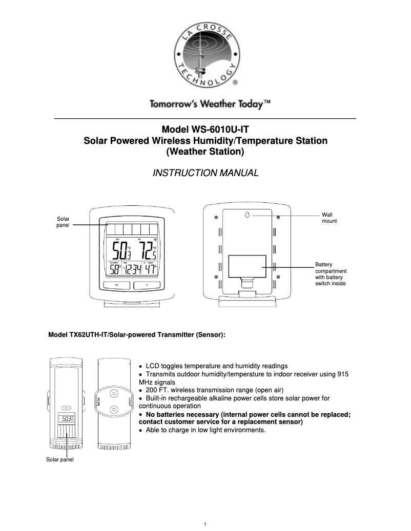 Page 1 de la notice Manuel utilisateur La Crosse Technology WS-6010U-IT