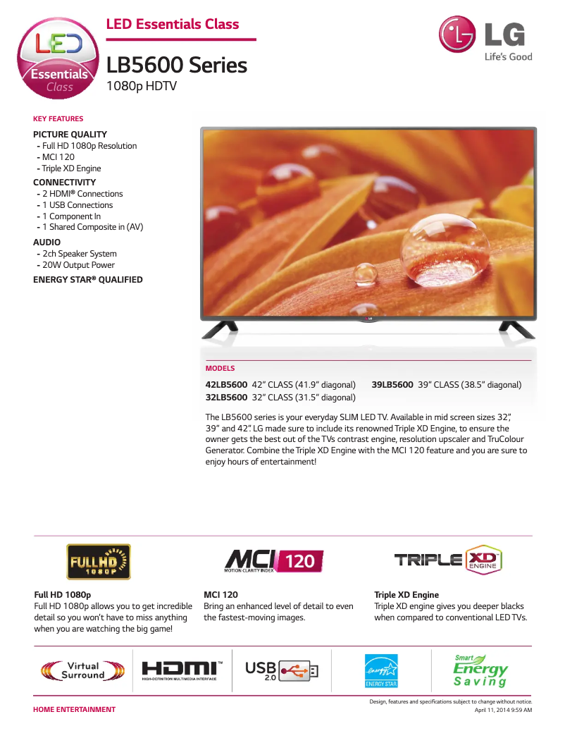 Página 1 del manual Ficha técnica LG 39LB5600