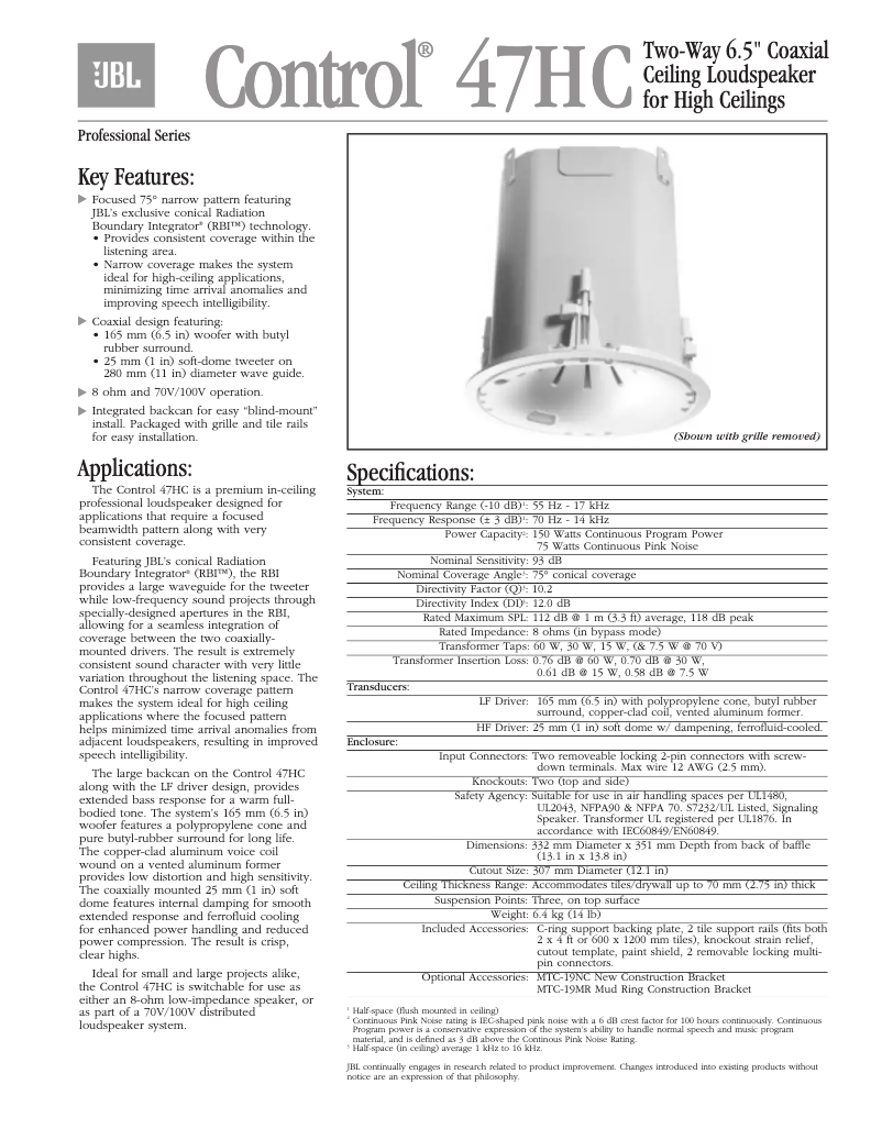 Page 1 de la notice Brochure JBL Control 47HC