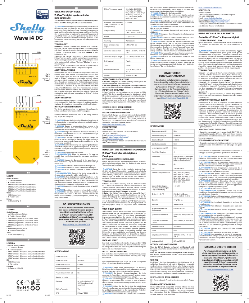 Page 1 de la notice Manuel utilisateur Shelly Wave i4 DC