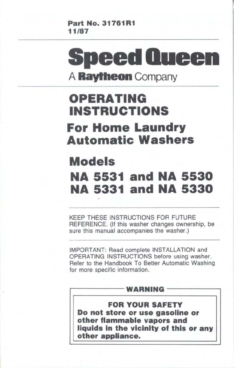 Page 1 de la notice Manuel utilisateur Speed Queen NA5331W