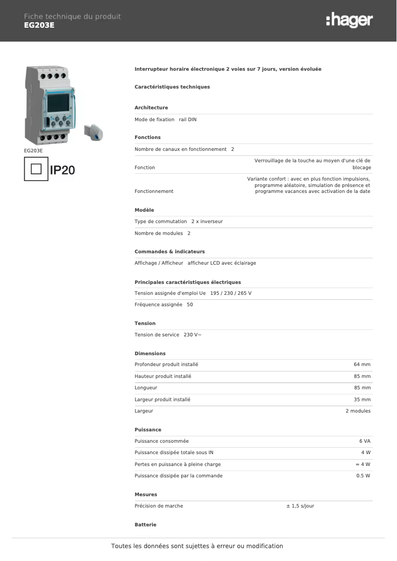 Page n°1 - Fiche technique Hager EG203E