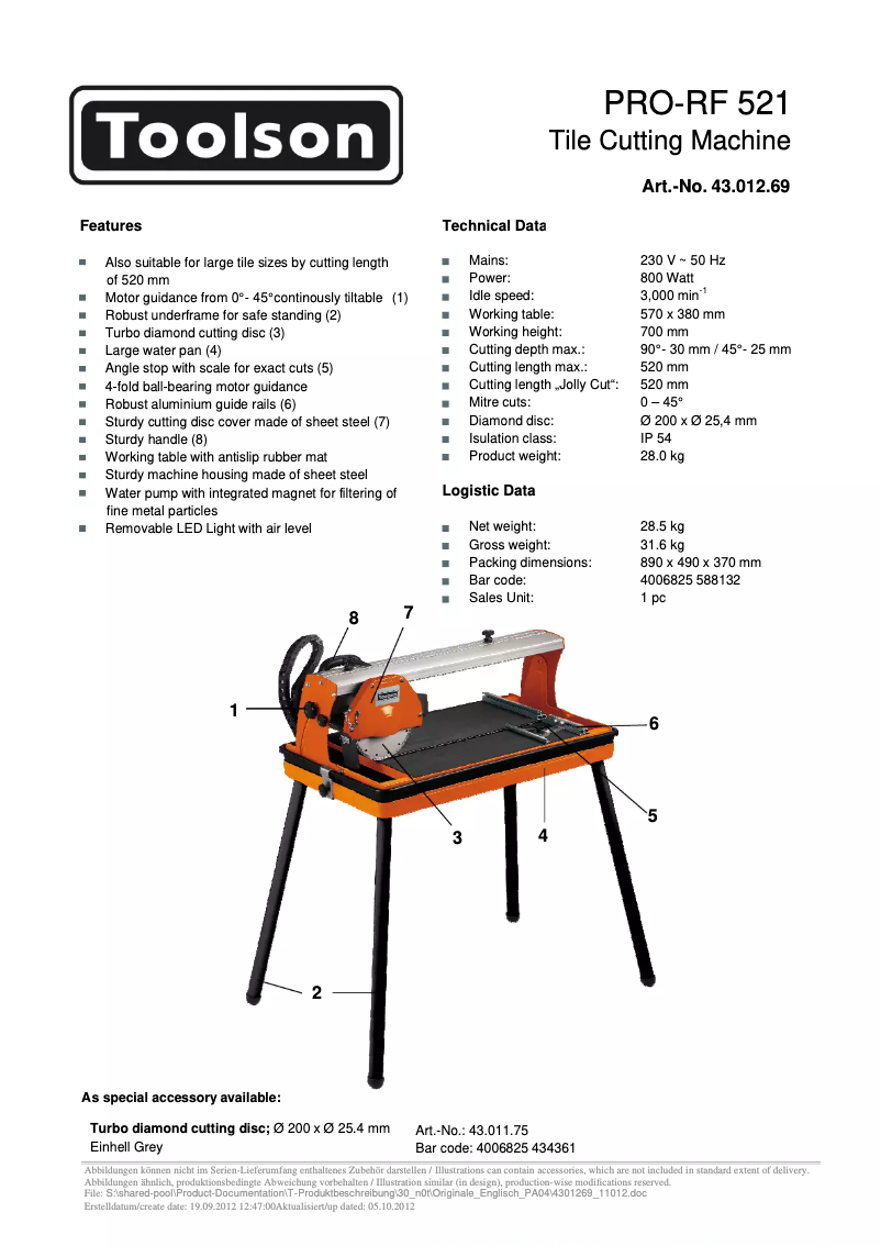 Page n°1 - Fiche technique Toolson Pro-RF 521
