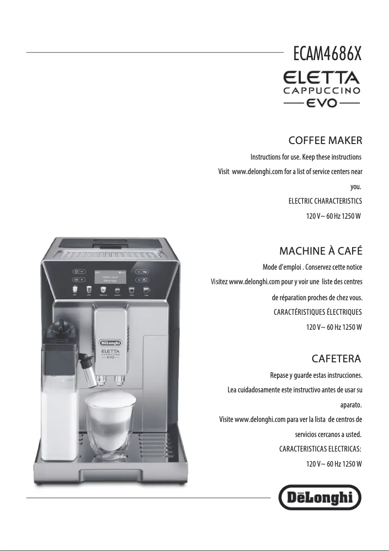 Page 1 de la notice Manuel utilisateur DeLonghi Eletta Cappuccino EVO ECAM 46.860.B