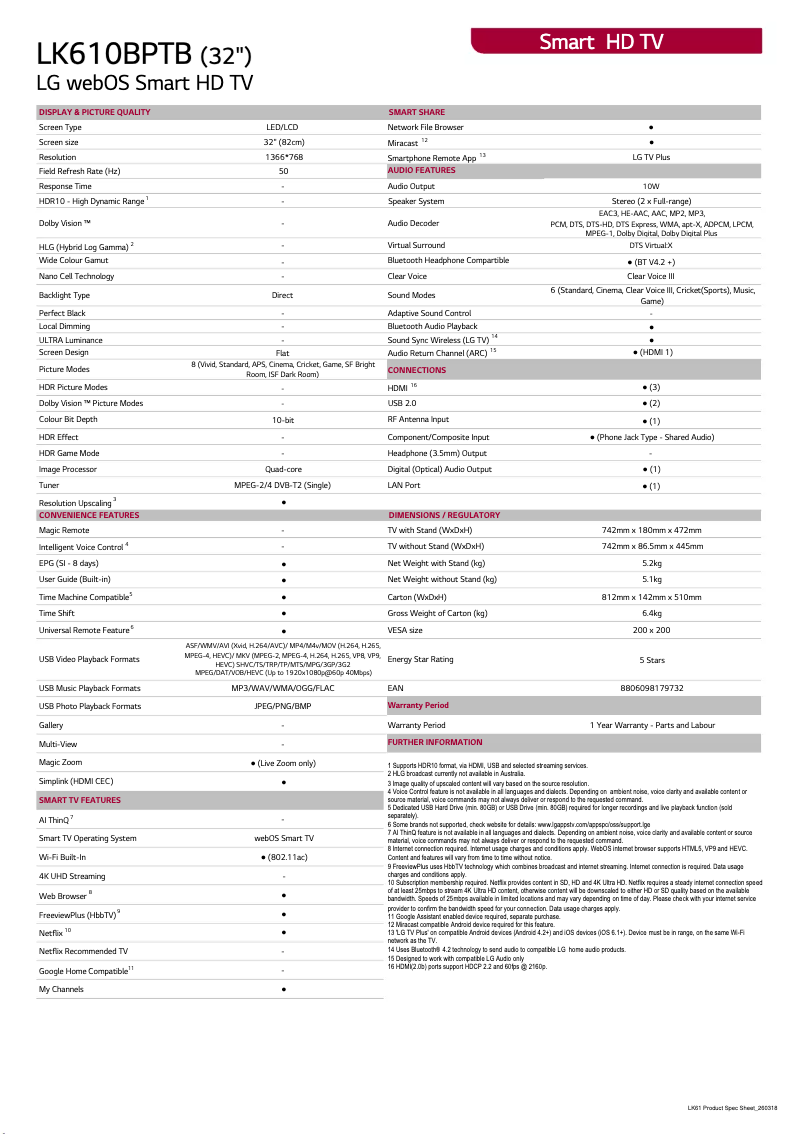 Page 1 de la notice Fiche technique LG 32LK610BP