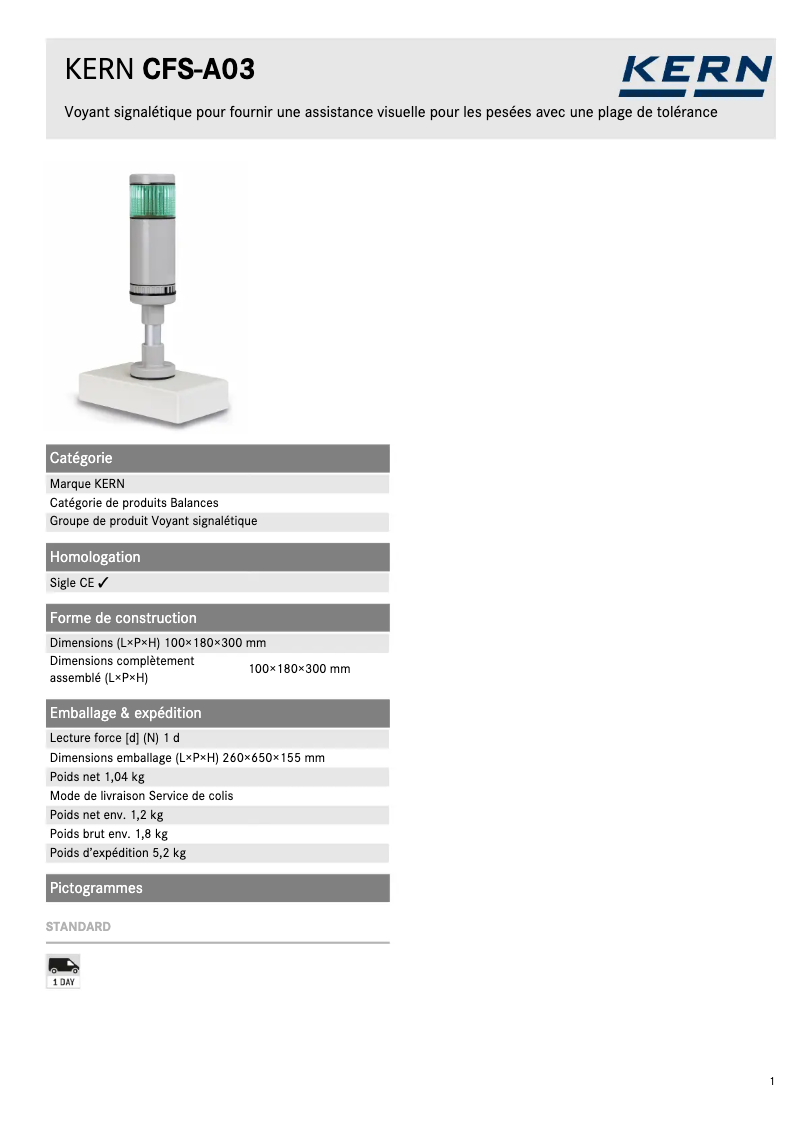 Page 1 de la notice Fiche technique Kern CFS-A03