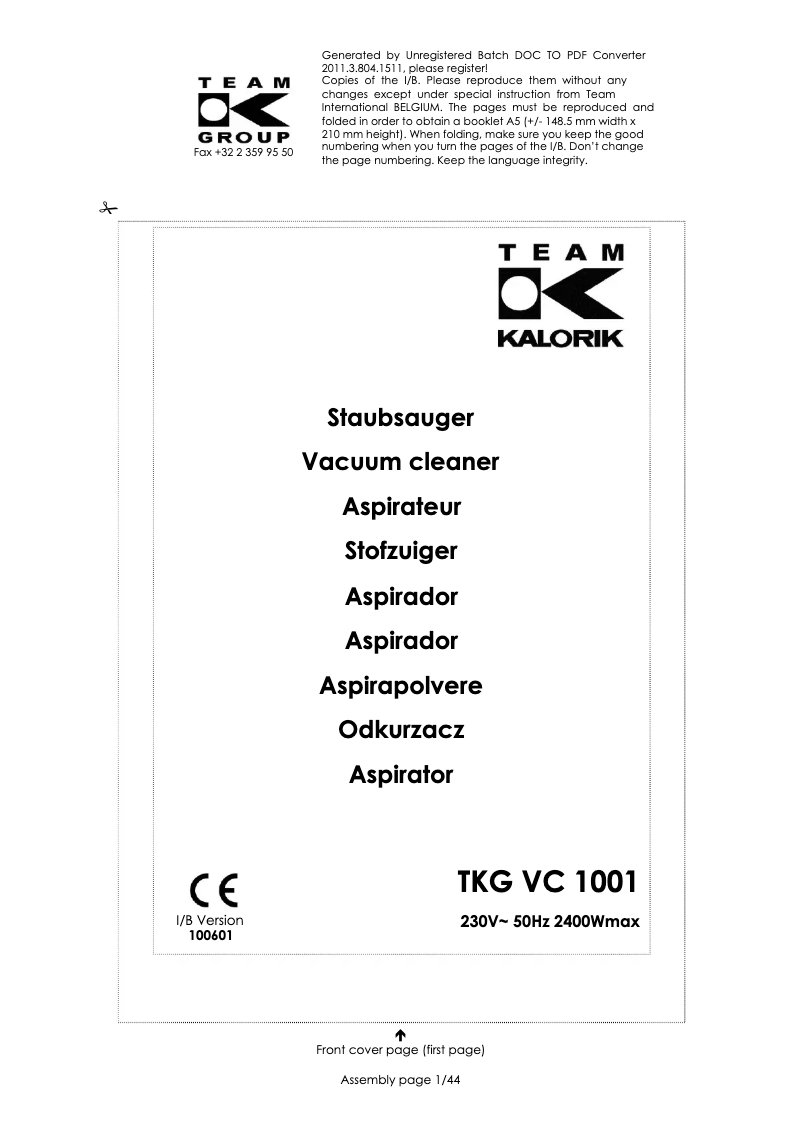 Page 1 de la notice Manuel utilisateur Kalorik TKG VC 1001