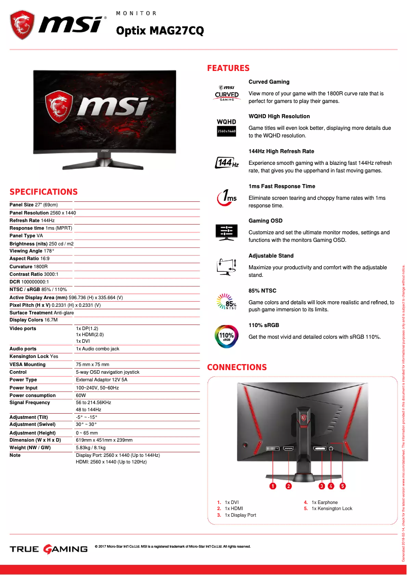 Page n°1 - Fiche technique MSI Optix MAG27CQ