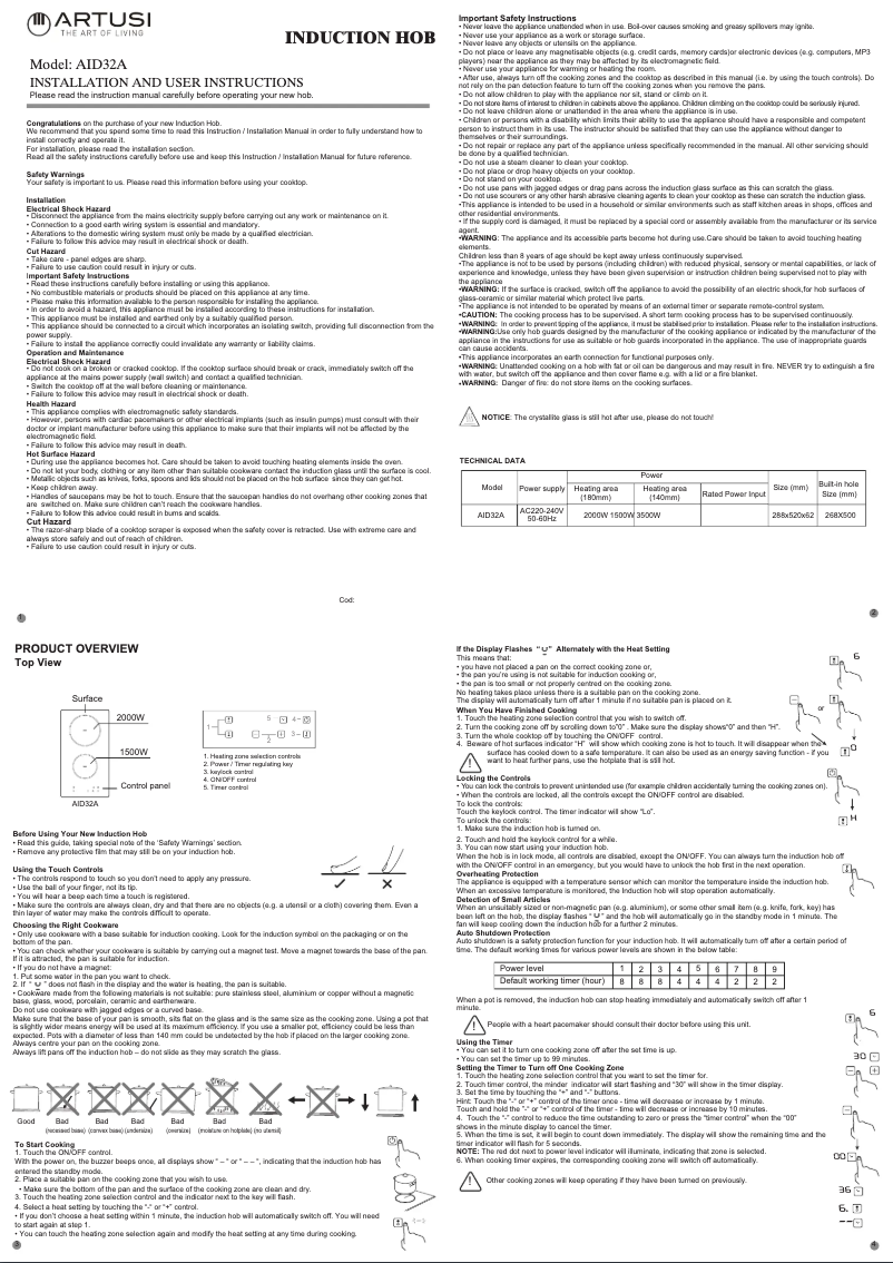 Page 1 de la notice Manuel utilisateur Artusi AID32A