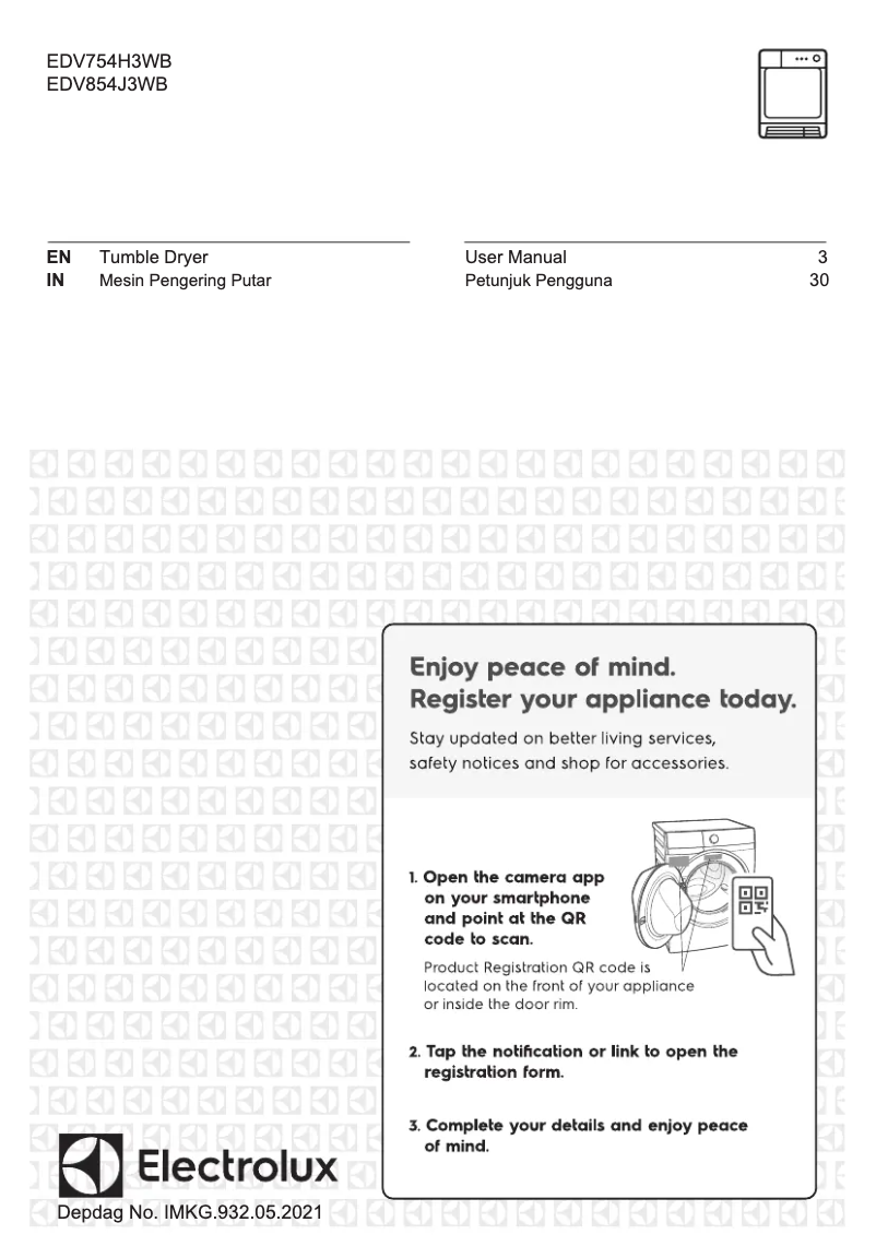 Page 1 de la notice Manuel utilisateur Electrolux EDV854J3WB