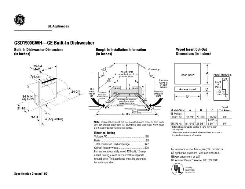 Page 1 de la notice Fiche technique GE GSD1900GWH
