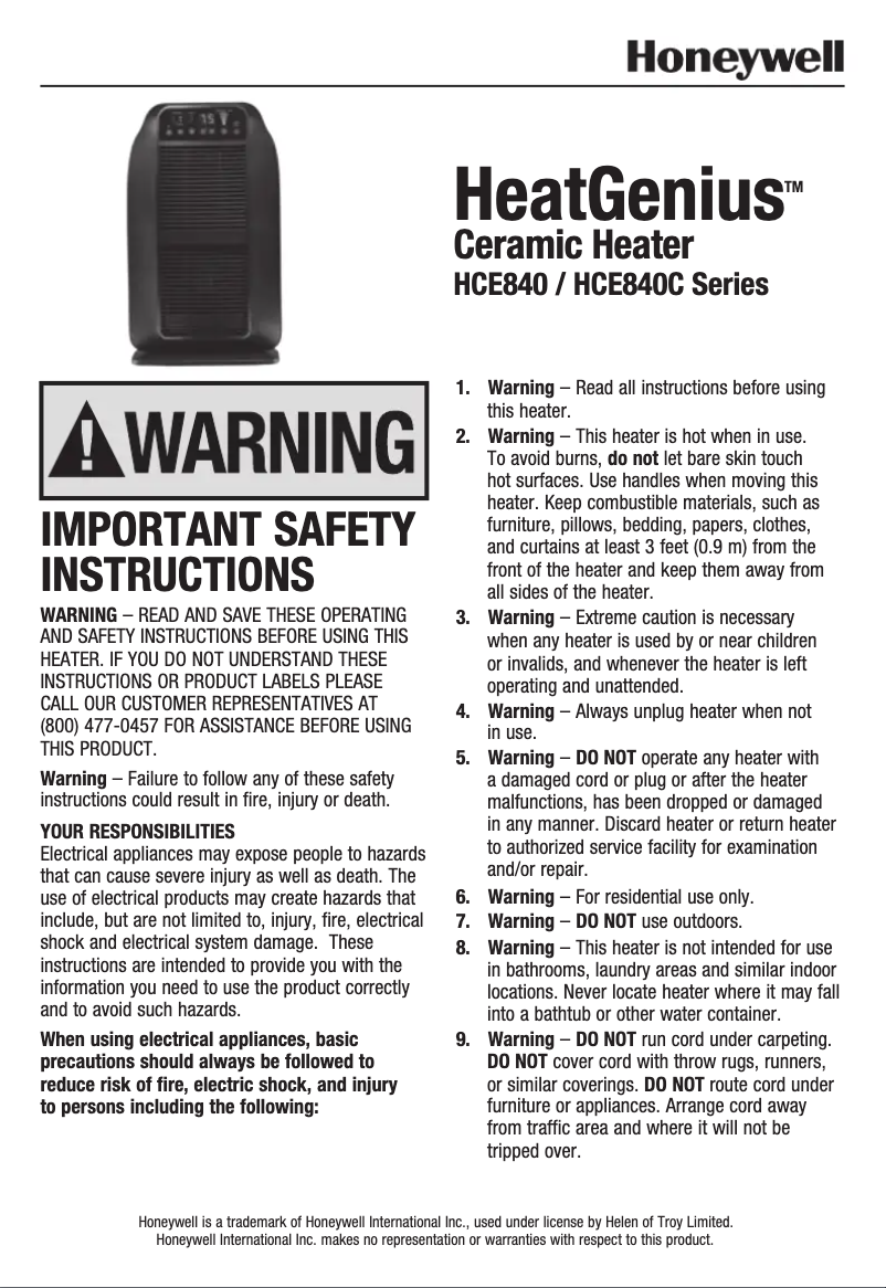 Image de la première page du manuel de l'appareil HeatGenius Ceramic Heater HCE840B