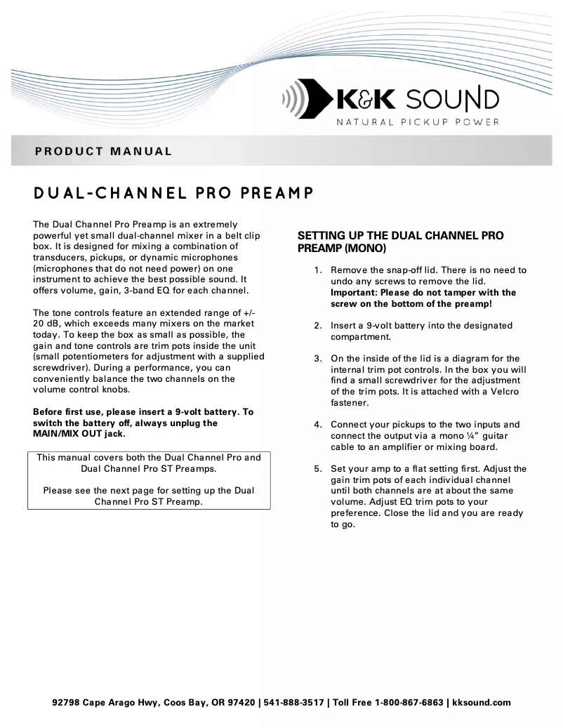 Page n°1 - Manuel utilisateur K&K Sound Dual-Channel Pro Preamp