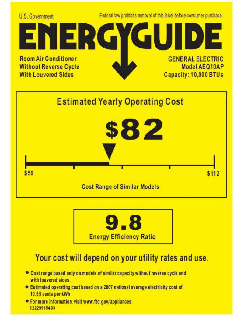 Page 1 de la notice Label énergétique GE AEQ10AP