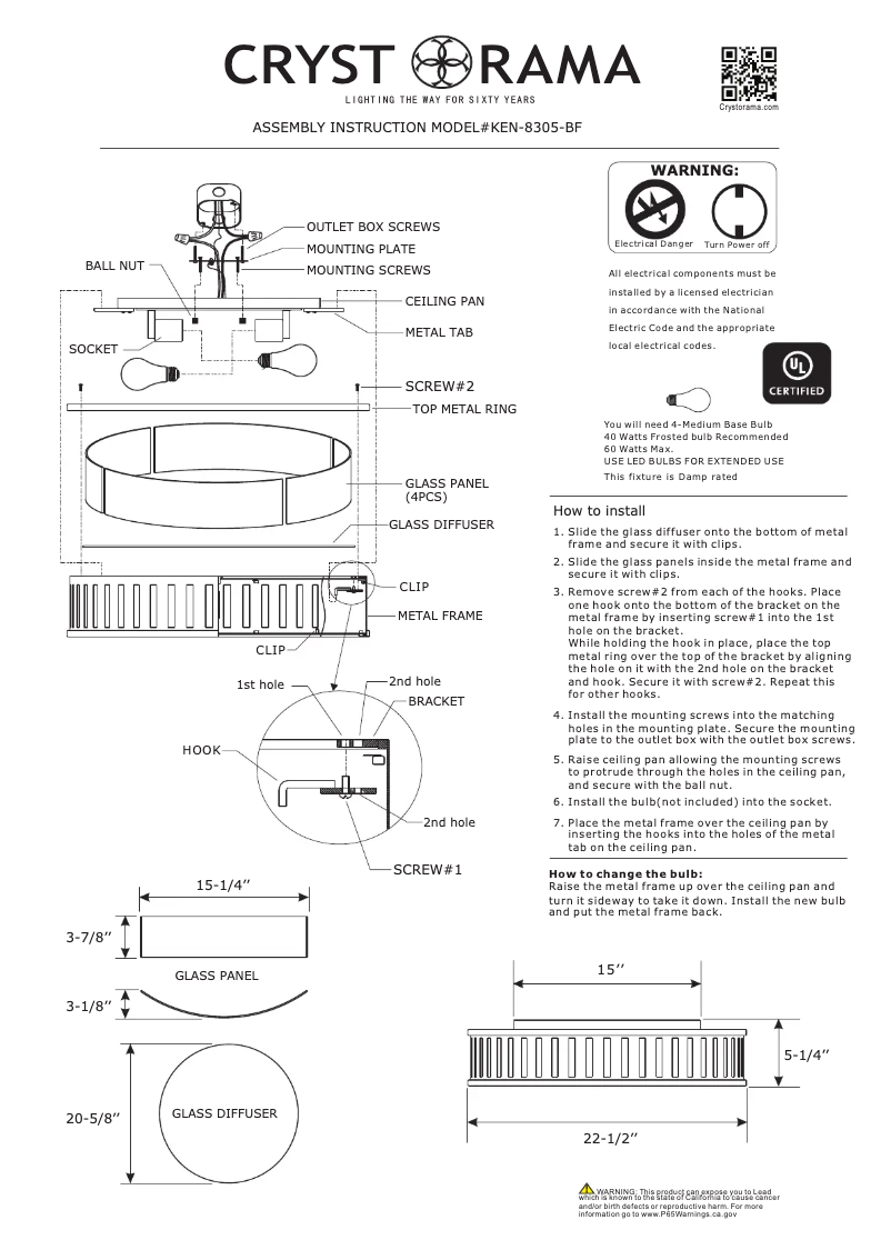 Page 1 de la notice Manuel utilisateur Crystorama Kendal KEN-8305-BF