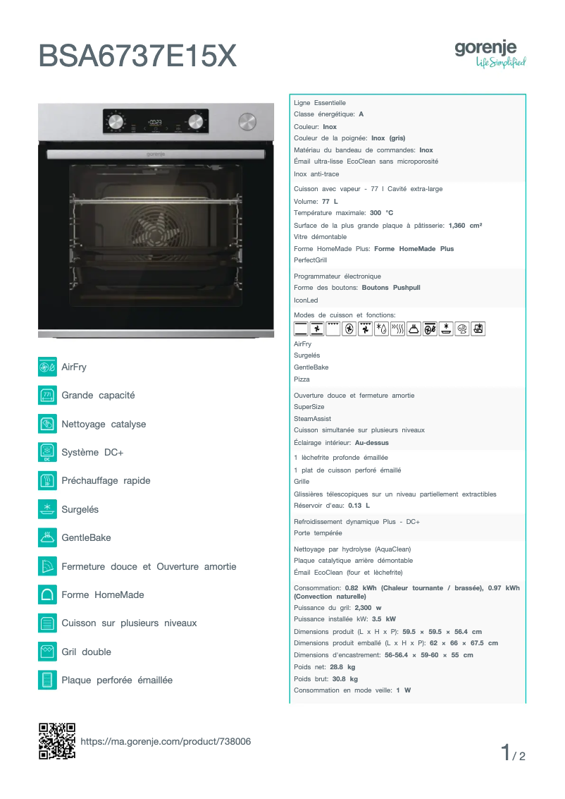 Page n°1 - Fiche technique Gorenje BSA6737E15X