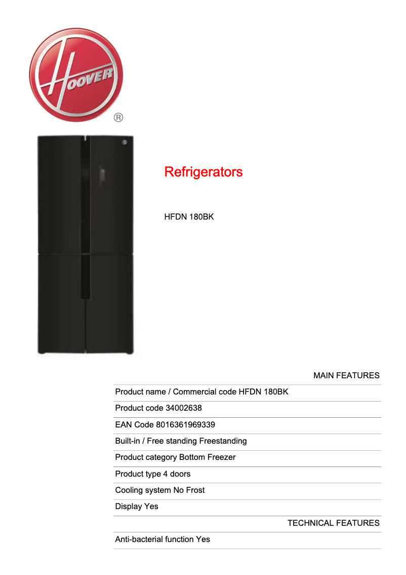 Page 1 de la notice Fiche technique Hoover HFDN 180BK