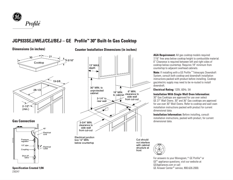 Page n°1 - Fiche technique GE Profile JGP933CEJCC