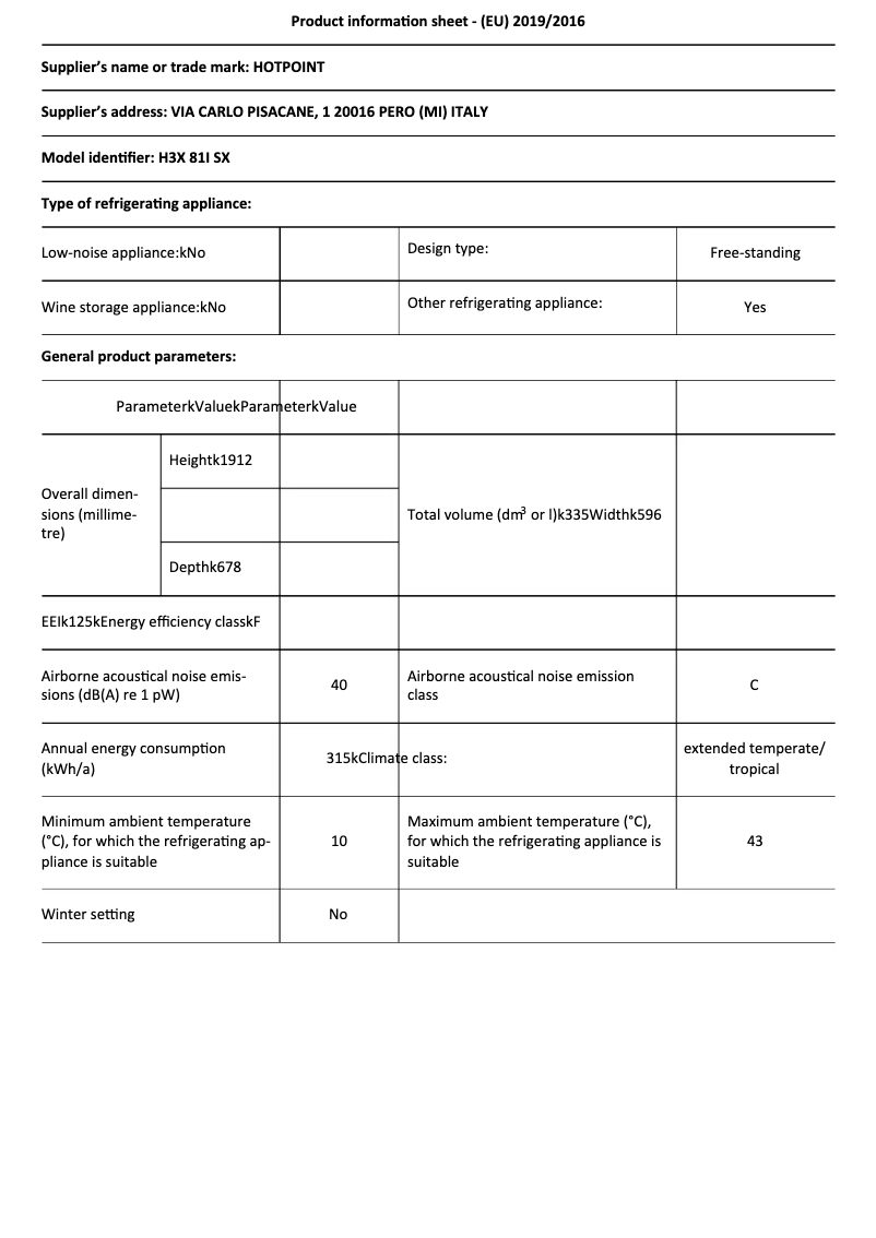 Page 1 de la notice Fiche technique Hotpoint H3X 81I SX