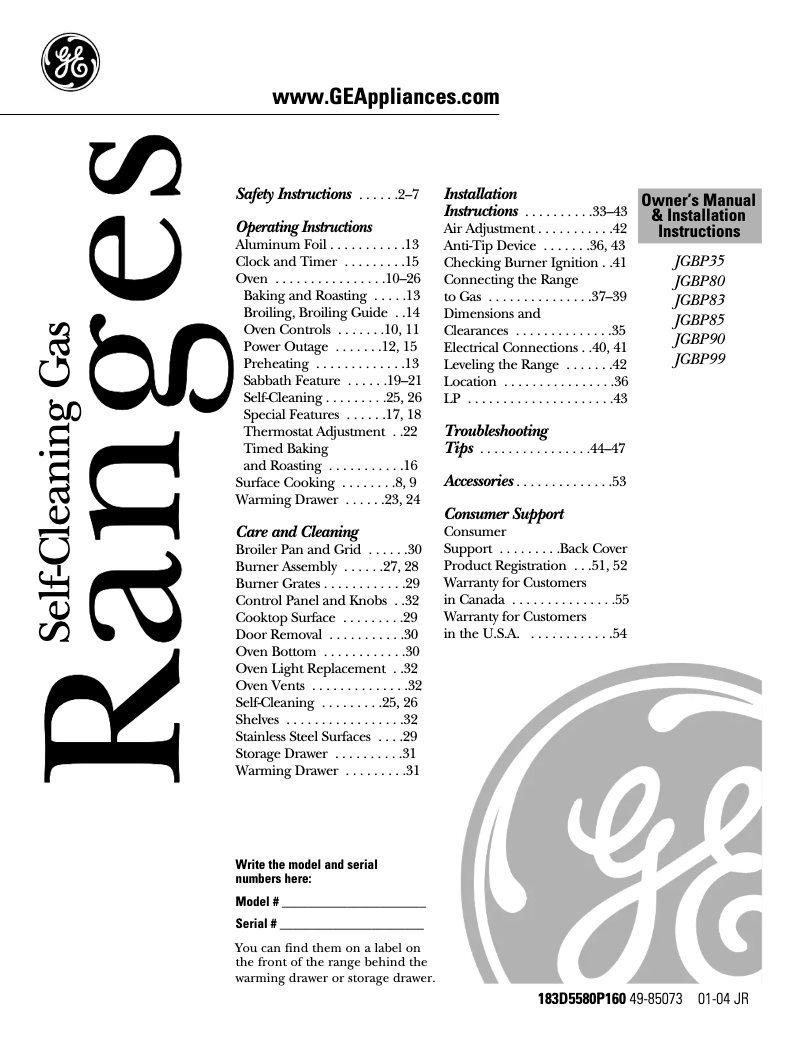 Page n°1 - Guide d'installation GE JGBP80BEHBB