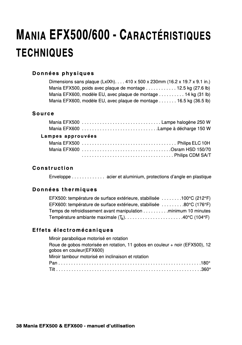 Page n°1 - Fiche technique Martin Mania EFX600