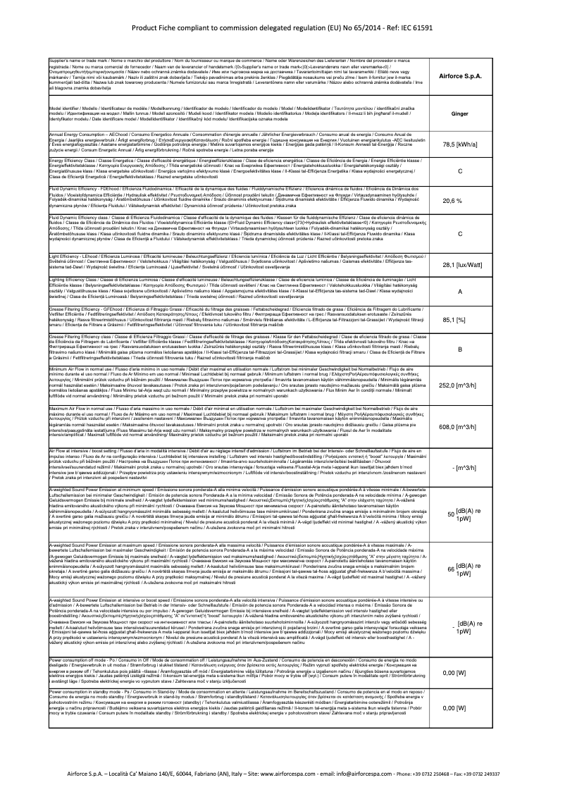 Page 1 de la notice Fiche technique Airforce Ginger