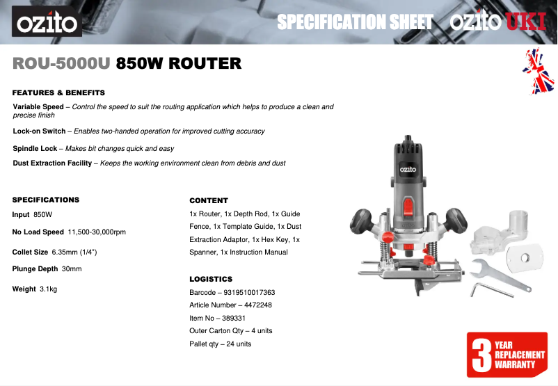 Page 1 of the manual Technical Sheet Ozito ROU-5000U