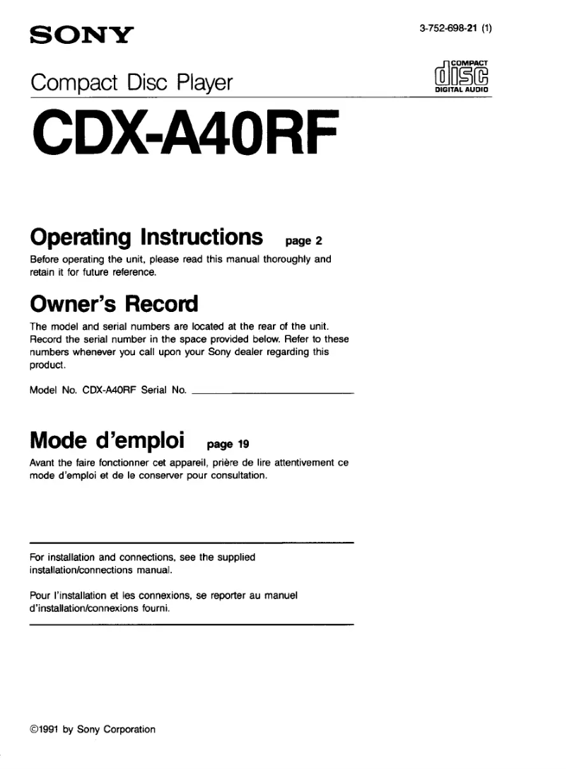 Imagen de la primera página del manual del dispositivo CDX-A40RF