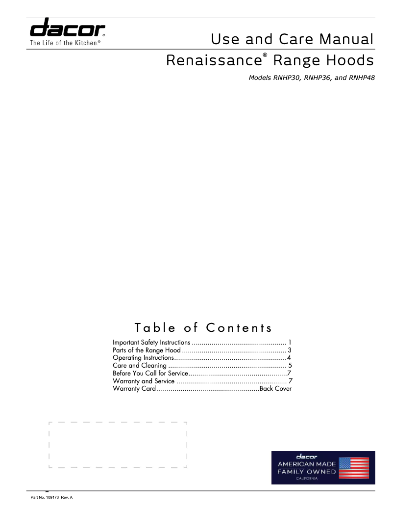 Page n°1 - Manuel d'utilisation et d'entretien Dacor RNHP3612S