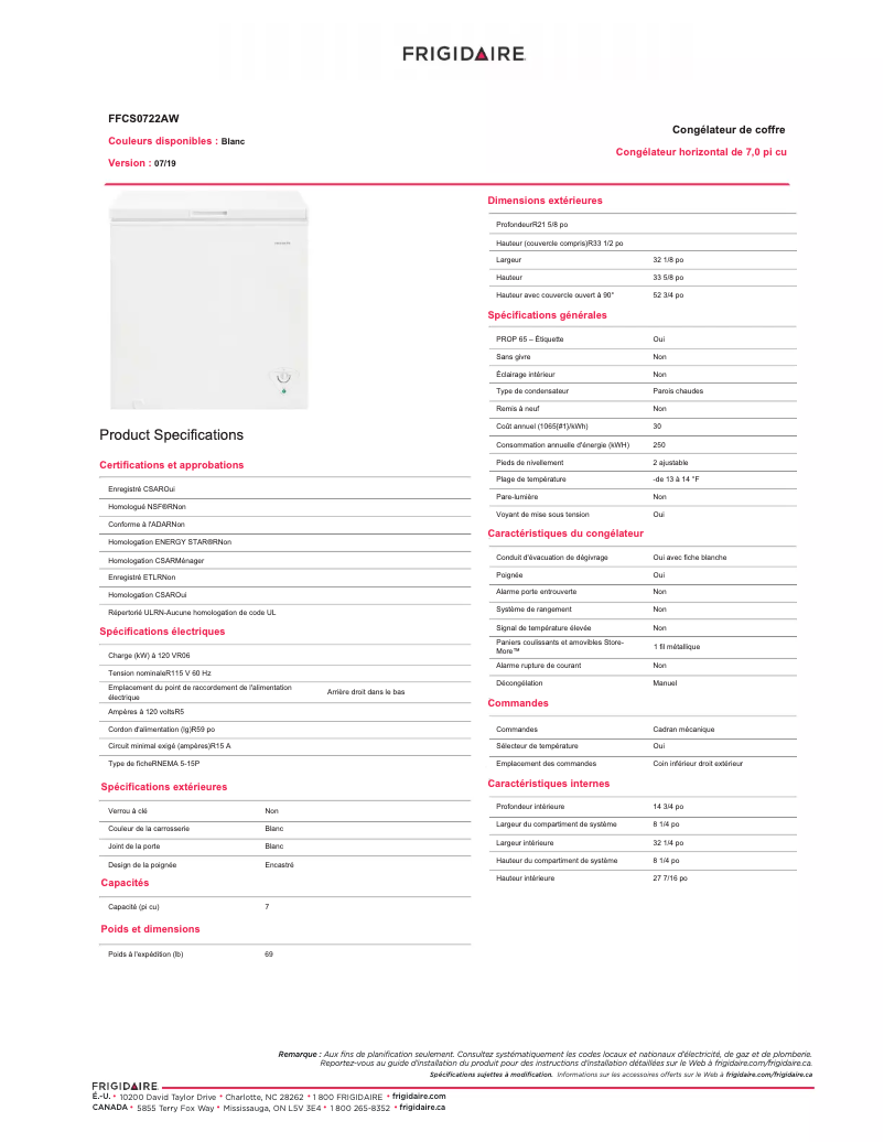 Page n°1 - Fiche technique Frigidaire FFCS0722AW