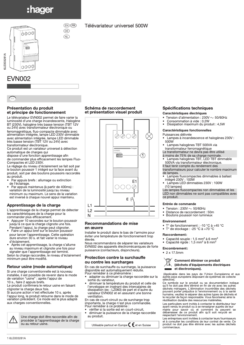 Page n°1 - Manuel utilisateur Hager EVN002
