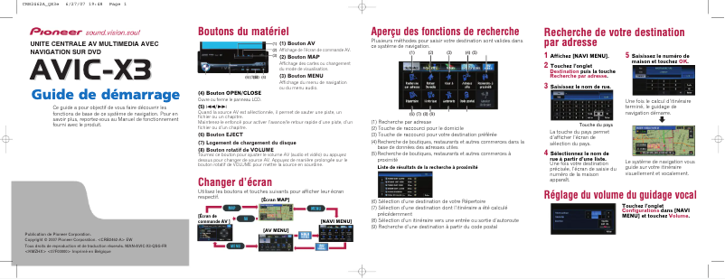 Page 1 de la notice Guide de démarrage rapide Pioneer AVIC-X3