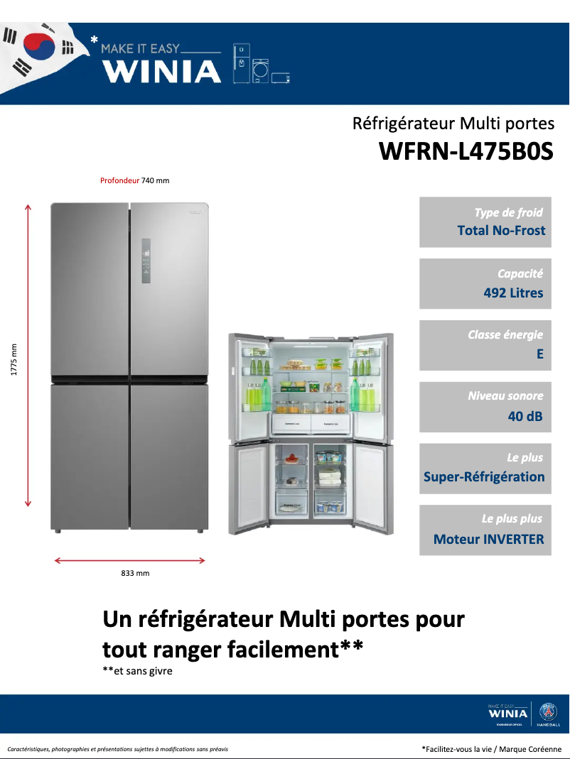 Page 1 de la notice Fiche technique Winia WRFN-L475B0S
